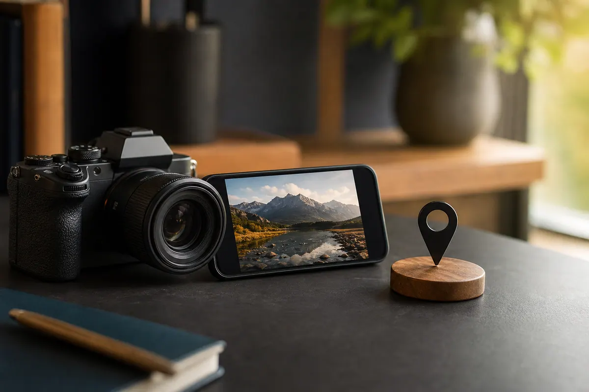 Camera, phone, and location marker representing photo metadata