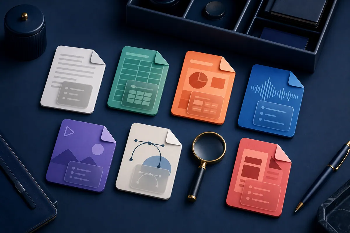Different file types arranged around a magnifying glass with their hidden property layers visible