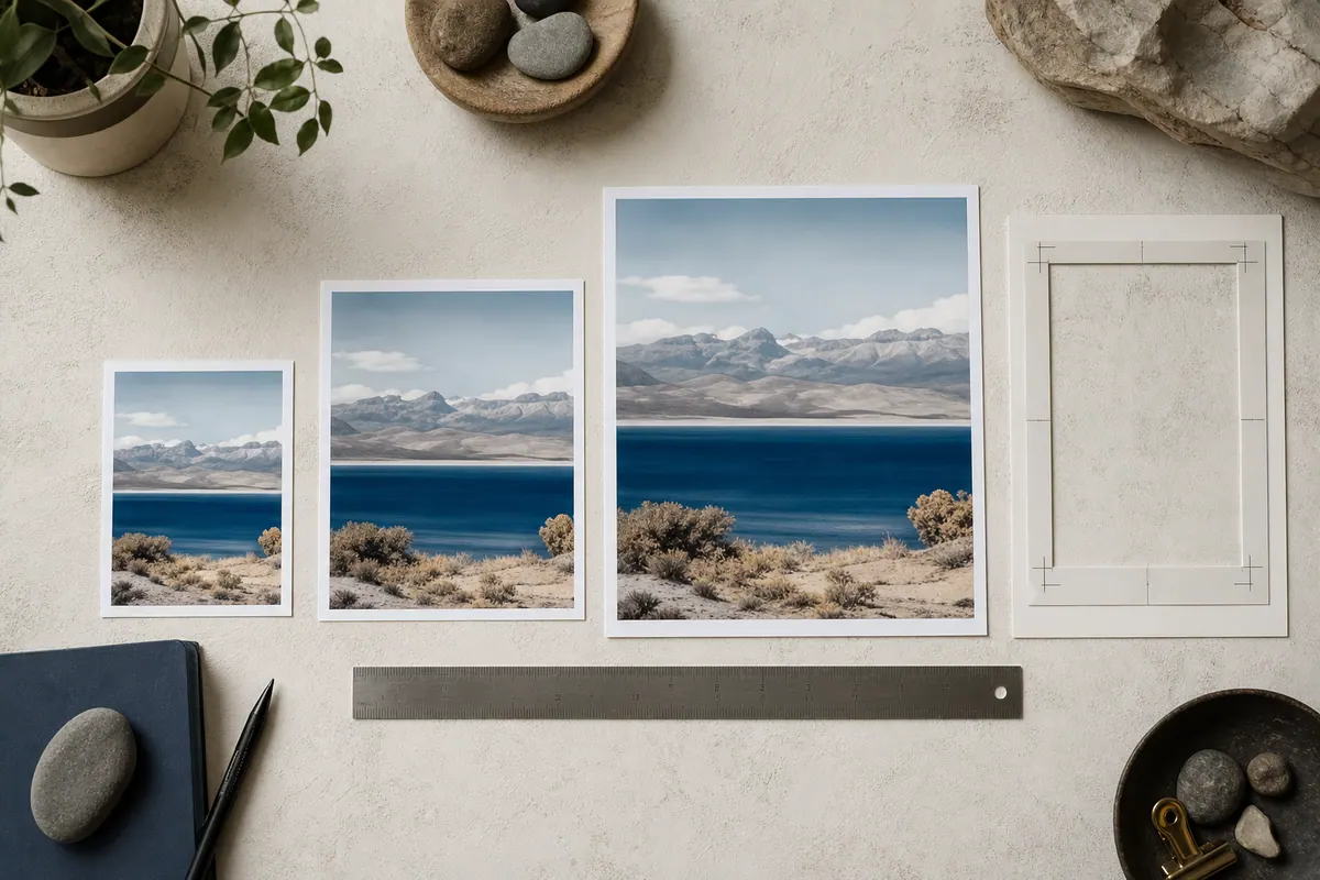 Three landscape photo prints arranged from small to large beside a ruler