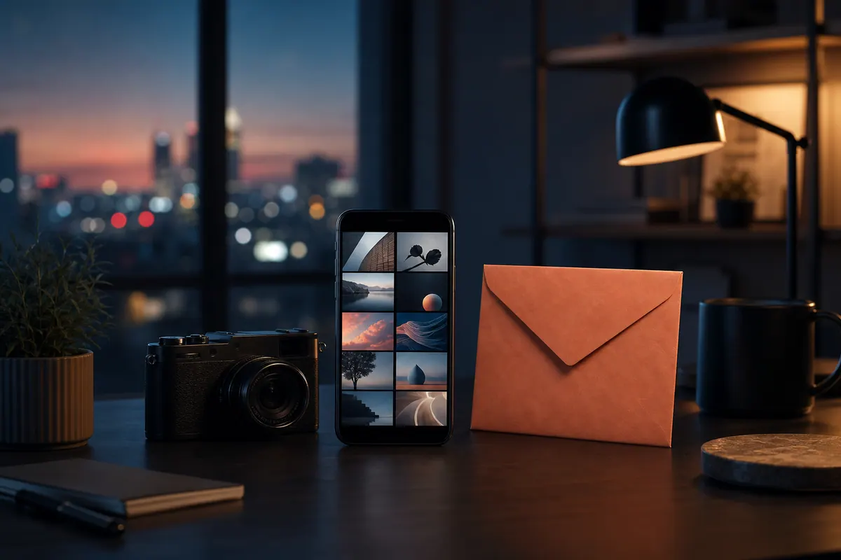 Phone, camera, and unlabelled envelope on a desk before sharing